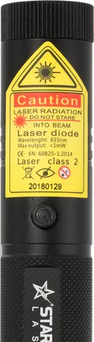 Puntero láser rojo R1 Pro recargable – primer plano de la etiqueta de advertencia con la clase láser