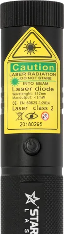 Puntero láser verde G3 Pro recargable – primer plano de la etiqueta de advertencia con la clase láser