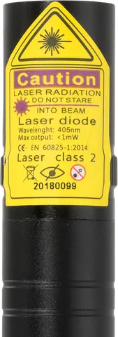 Puntero láser violeta V2 Pro compacto – primer plano de la etiqueta de advertencia con la clase láser