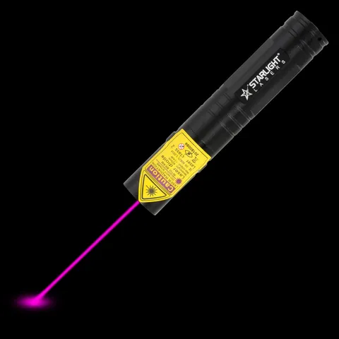 Puntero láser violeta V2 Pro compacto con el haz láser visible en la oscuridad